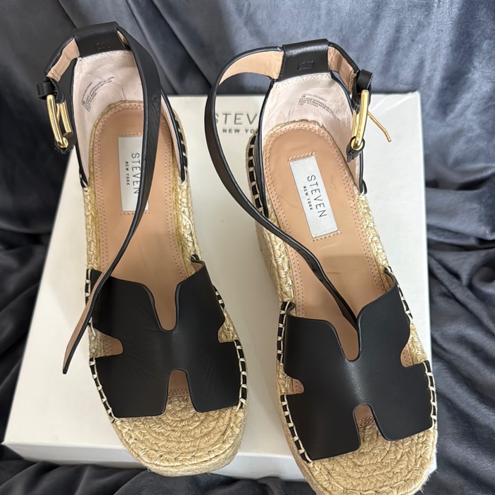 Steven Jackal Black Leather Espadrille Sandals